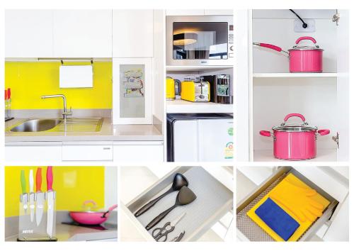 a collage of photos of a kitchen with yellow walls at Cassia Phuket, part of Banyan Group in Bang Tao Beach