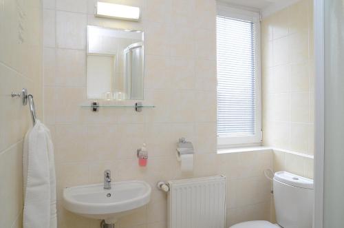 プラハにあるHotel Imosのバスルーム(洗面台、トイレ、鏡付)