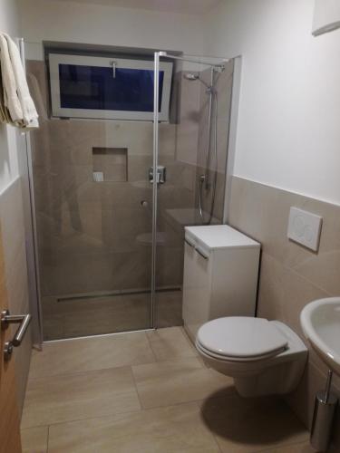 a bathroom with a shower and a toilet and a sink at Alpenrose in Silandro