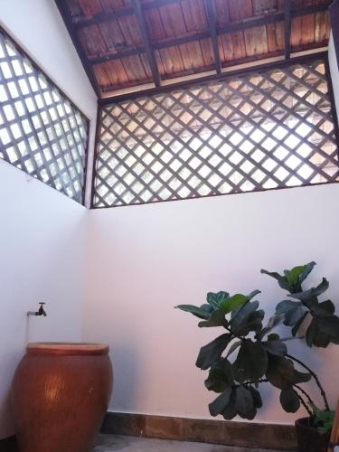 a vase and a plant in a room with a window at Coco Country Homes in Melaka