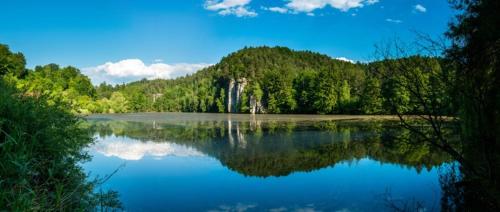 a view of a lake with trees and a waterfall at Riegrova Chata Kozákov in Semily