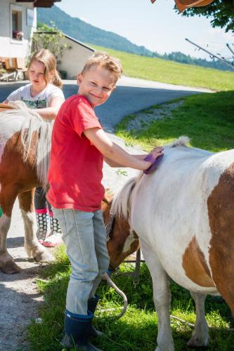 a young boy is standing next to a cow at Ferienwohnungen Plattnerhof in Terfens