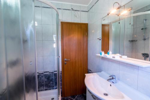 La salle de bains est pourvue d'une douche, d'un lavabo et d'un miroir. dans l'établissement Apartman Emil, à Supetar