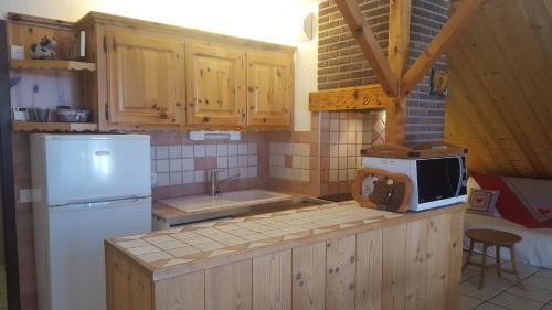 a kitchen with a white refrigerator and a microwave at L'Alpage in La Chal