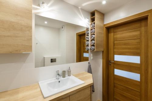 La salle de bains est pourvue d'un lavabo et d'un miroir. dans l'établissement Apartament Jurajska Plaza, prywatne miejsce parkingowe , Targi, à Kielce