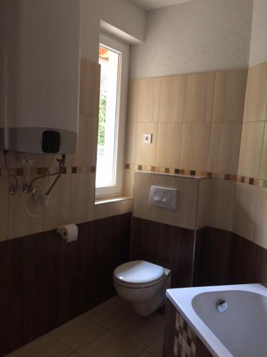 a bathroom with a toilet and a sink and a window at Liget in Balatonföldvár