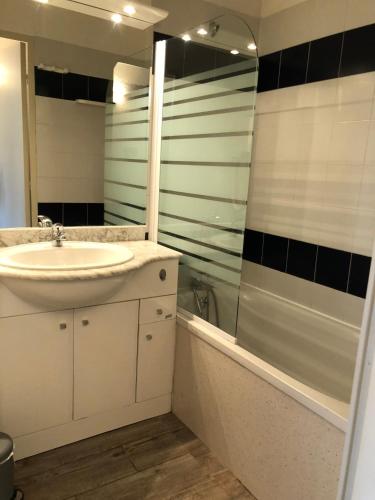 une salle de bain avec un lavabo, un miroir et une baignoire dans l'établissement Vacances Cannoise, mer et piscine, à Cannes