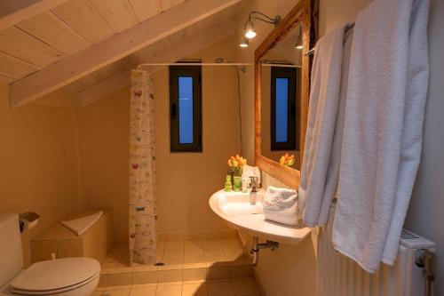 an attic bathroom with a sink and a toilet at Ideales Resort in Trapezaki