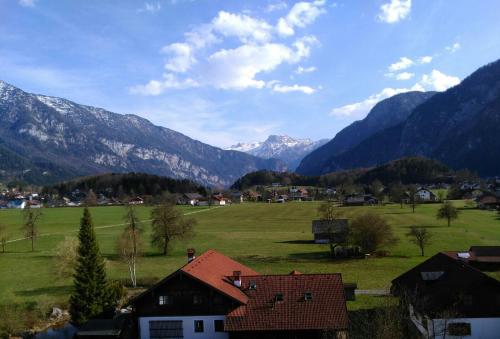 a view of a village with mountains in the background at Apartmenthaus Hinterer in Bad Goisern
