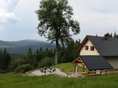 a house with a black roof and a tree at Chata Wostry in Bílá