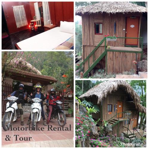 a collage of photos with people on motorcycles and a house at Green Hill Hostel & Tour in Ha Giang