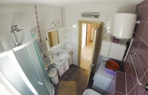 a bathroom with a toilet and a sink and a mirror at Apartment Ana in Rovinj