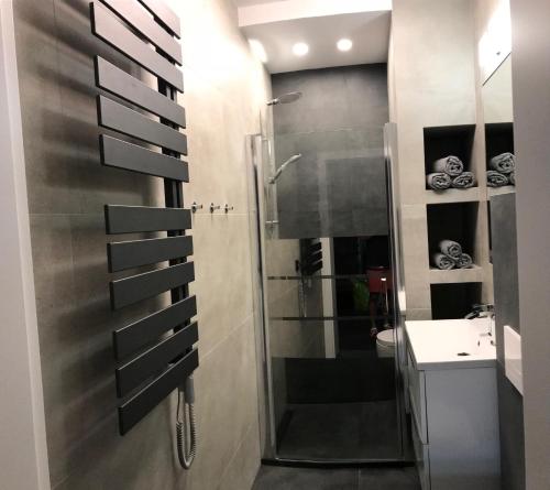 a bathroom with a shower and a sink at Apartament Nad Morzem in Rowy