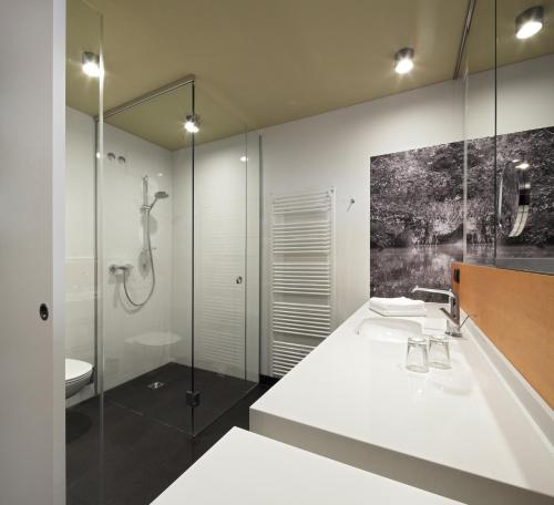 ein Bad mit einem Waschbecken, einer Dusche und einem WC in der Unterkunft Spreewald Thermenhotel - Spreewald Therme GmbH in Burg