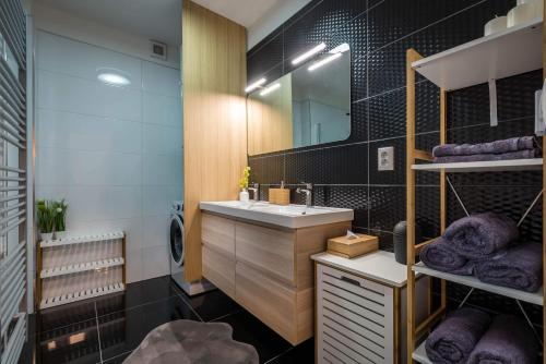 a bathroom with a sink and a mirror at Apartmanica Triangel 103 in Donovaly