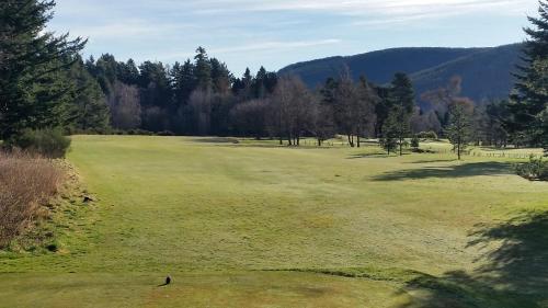 a golf course with a green field and trees at Fairdene Cottage in Ballater