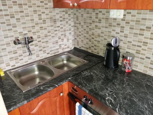 a kitchen counter with a stainless steel sink at Bella Vendégház in Etyek