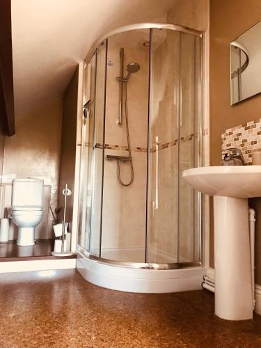 a bathroom with a shower and a sink at Tresillian House in Melton Mowbray