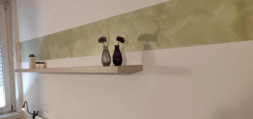 dos jarrones sentados en un estante en una pared en Apartments Fewo, en Bolzano