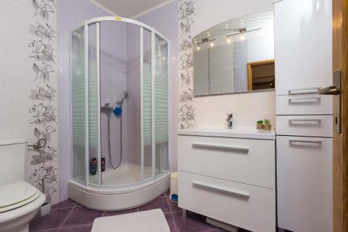 a bathroom with a shower and a toilet and a sink at White Rose Apartment in Dubrovnik