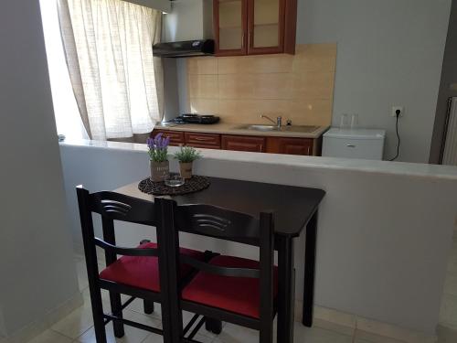 a small kitchen with a small table and chairs at Hotel Apollon in Rio