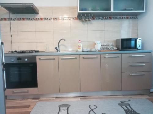 a kitchen with a sink and a stove at Five in Luduş