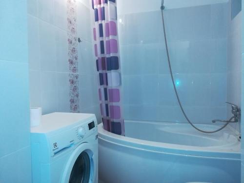 a washing machine in a bathroom with a shower at Five in Luduş