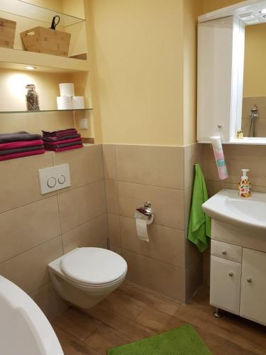 a bathroom with a toilet and a sink at Przytulny Zakątek in Piła