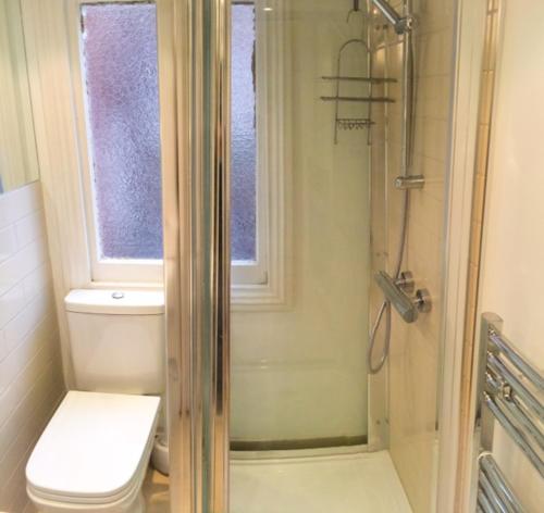 a bathroom with a shower and a toilet and a window at Harrington Gardens in London