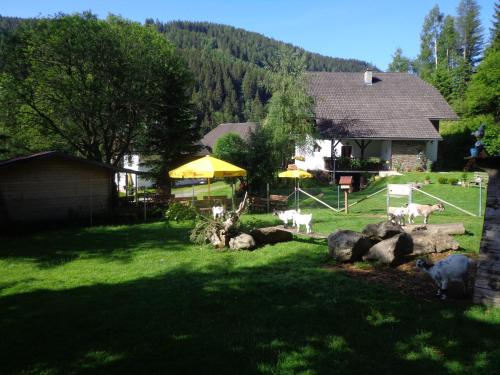 a group of cows in a yard next to a house at Apartment zum Wasserfall in Krakaudorf