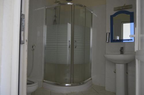a bathroom with a glass shower and a sink at Panoramic View Hotel in Lalībela