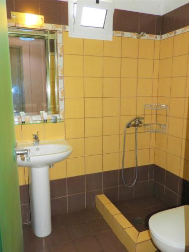 a bathroom with a sink and a shower at Zako Apartments in Limenaria
