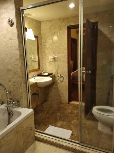 a bathroom with a shower and a sink and a toilet at Langkawi Lagoon Resort Water Chalet in Pantai Cenang