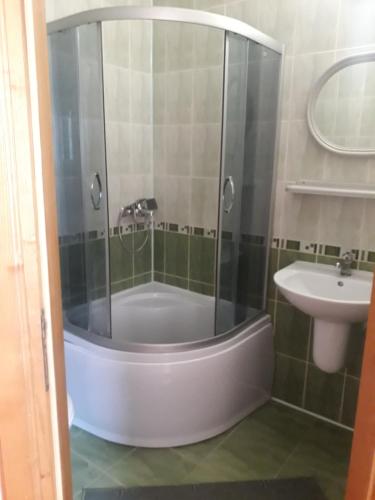 a shower with a glass door next to a sink at Apollon in Mukacheve