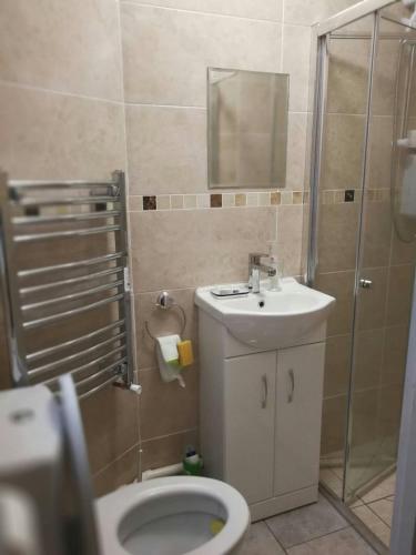 y baño con aseo, lavabo y ducha. en Rest room near to Heathrow Airport en Ashford