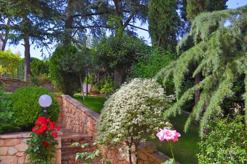 a garden with flowers and a stone wall and a bush at Villa Angelina in Selva di Fasano