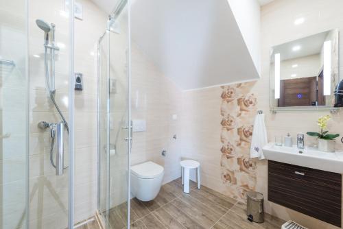 Un baño con ducha, inodoro y lavabo. en Apartments Villa Elena 2, en Cavtat