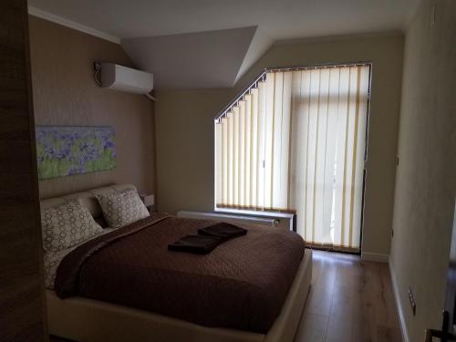um quarto com uma cama grande e uma janela grande em La Siesta Apartments Oradea em Oradea