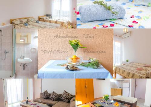 a collage of photos of a room with a bed and a table at Apartmani Šutić in Promajna