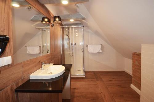 y baño con lavabo y ducha. en Okrągłe Resort SKI & SAFARI, en Orzysz