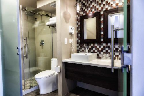 ein Bad mit einem WC, einem Waschbecken und einer Dusche in der Unterkunft Plaza Paitilla Inn in Panama-Stadt