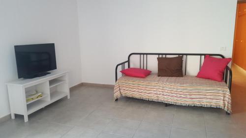 - une chambre avec un lit doté d'oreillers et une télévision dans l'établissement Casa Hortensia1, à Tijarafe