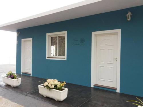蒂哈拉費的住宿－Casa Hortensia1，两扇白色门的蓝色墙,一些花