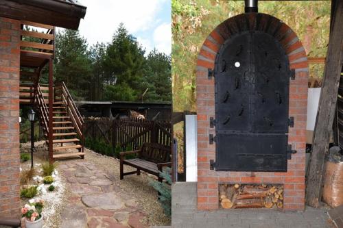 two pictures of a brick building with a door and a bench at Zielony Gaj in Krzynka