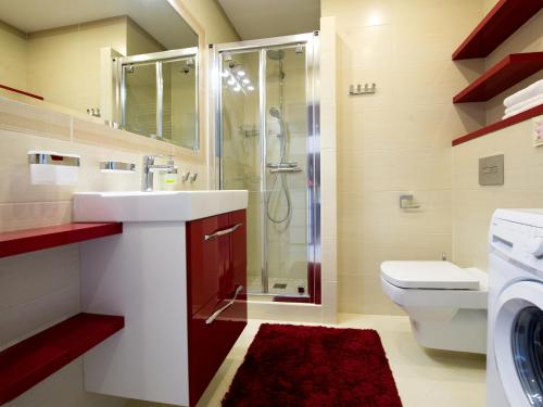 ヤストシェンビャ・グラにあるKOMFORTOWY APARTAMENT NORD 61のバスルーム(シンク、シャワー、トイレ付)