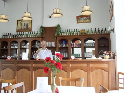 a woman sitting at a bar in a restaurant at Pension Šejko in Horní Planá
