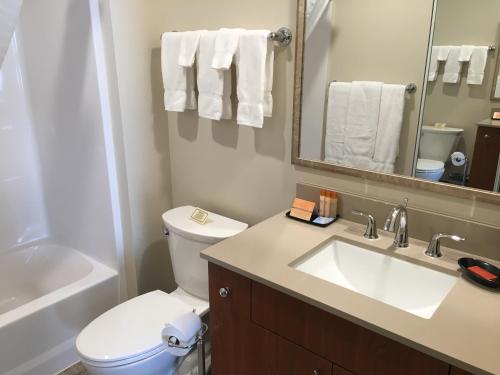 a bathroom with a sink and a toilet and a mirror at Aspen Suites Hotel Sitka in Sitka