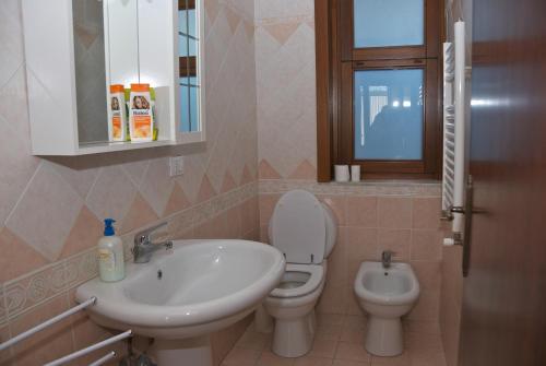 ein Badezimmer mit Waschbecken, Toilette und Spiegel in der Unterkunft Biologico Dell'Etna in Trecastagni
