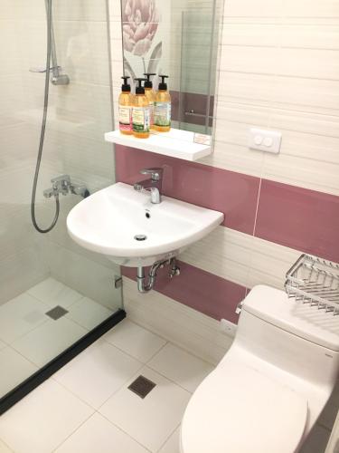 a bathroom with a sink and a toilet and a mirror at Dong-Qing Swiss Homestay in Chaozhou