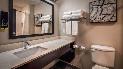 a bathroom with a sink and a mirror and a toilet at Best Western Plus Bay City Inn & Suites in Bay City